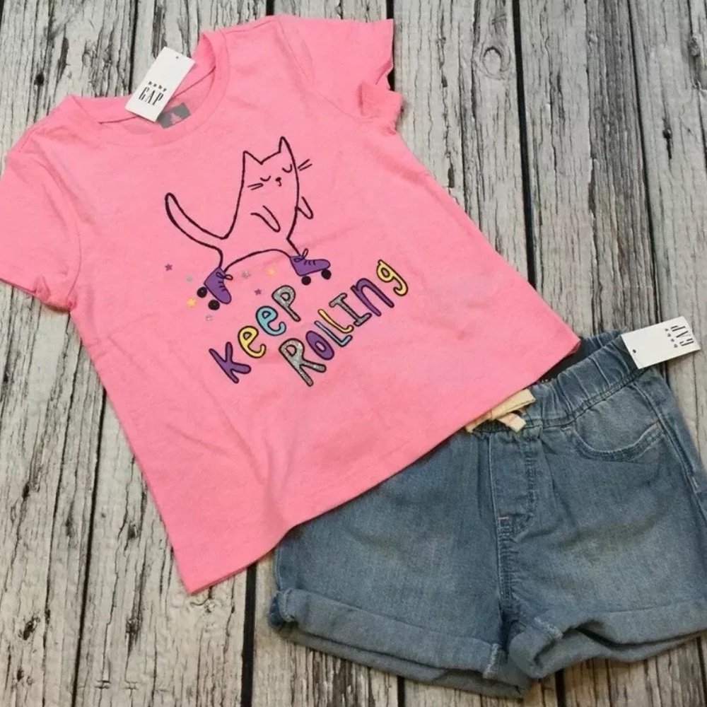 Gap Girls 12-18 Months, 2T, 3T Pink Kitten Shirt and Denim Shorts Outfit. NWT